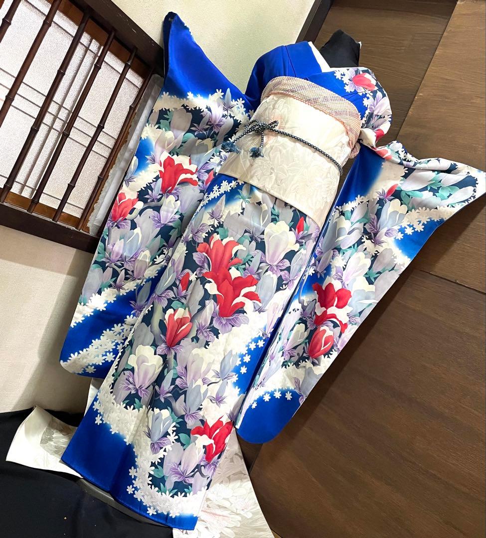 振袖 フルセット6点サイズM〜Ｌ草花文　暈し染め　正絹