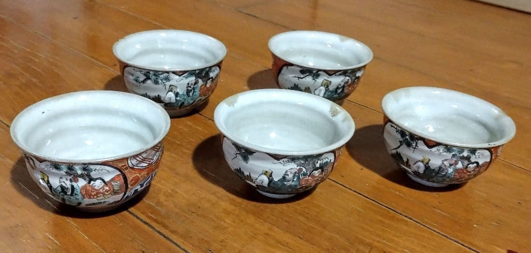 九谷焼 赤絵 金彩 人物 花絵 茶器セット 7点 明治時代物