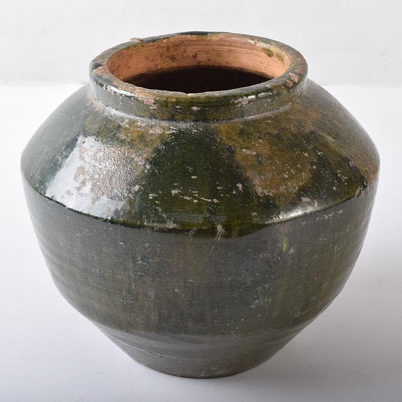 中国　漢時代　紅陶　緑釉壷　銀化壷　時代箱付　V　R8299B