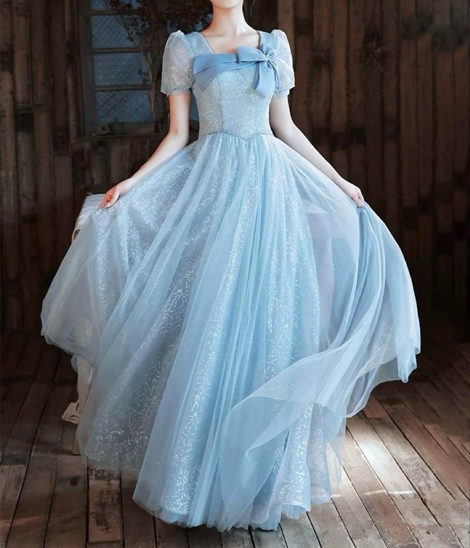 カラードレス、パーティードレス、リボン、シースルーの半袖、イブニングドレス