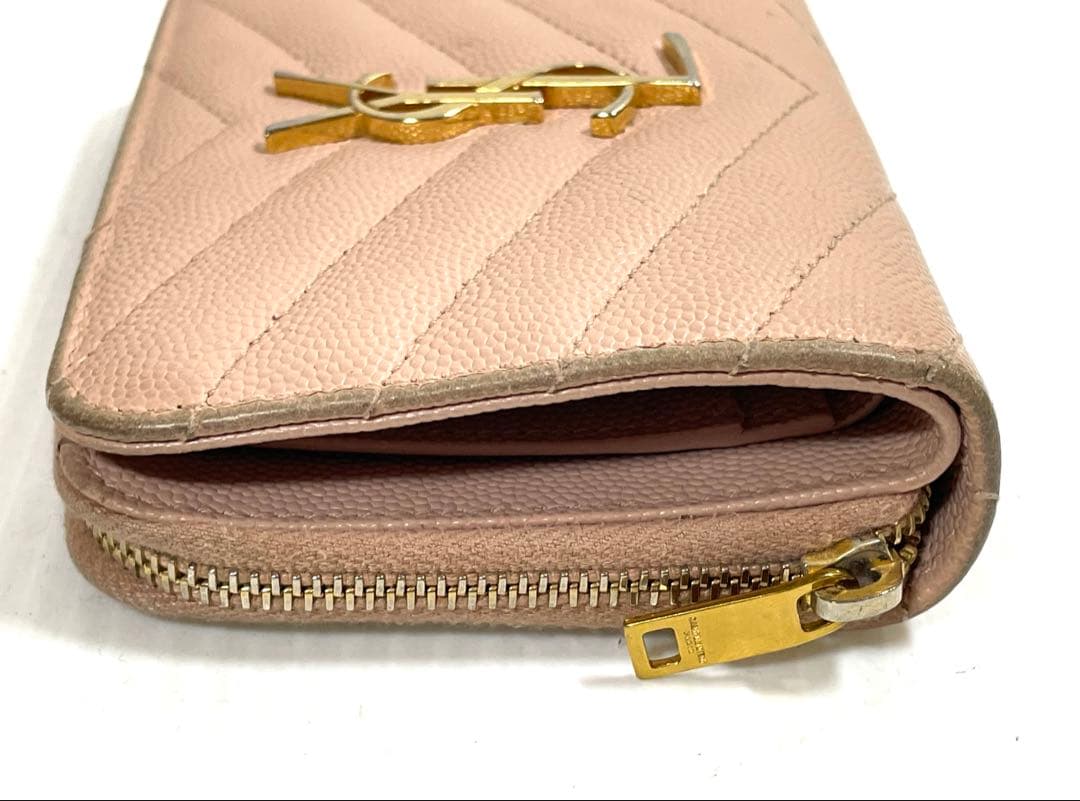 サンローラン　二つ折り財布　カサンドラ　キャビアスキン　ピンク