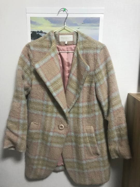 チェック　モヘア　シャギーコート