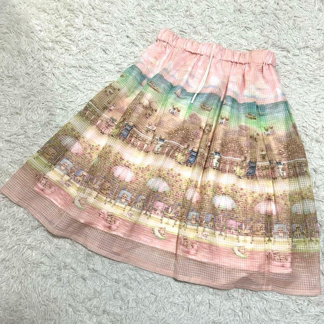 13954✨yukiemon 転写 犬 ビーチ チュール フレアスカート ピンク