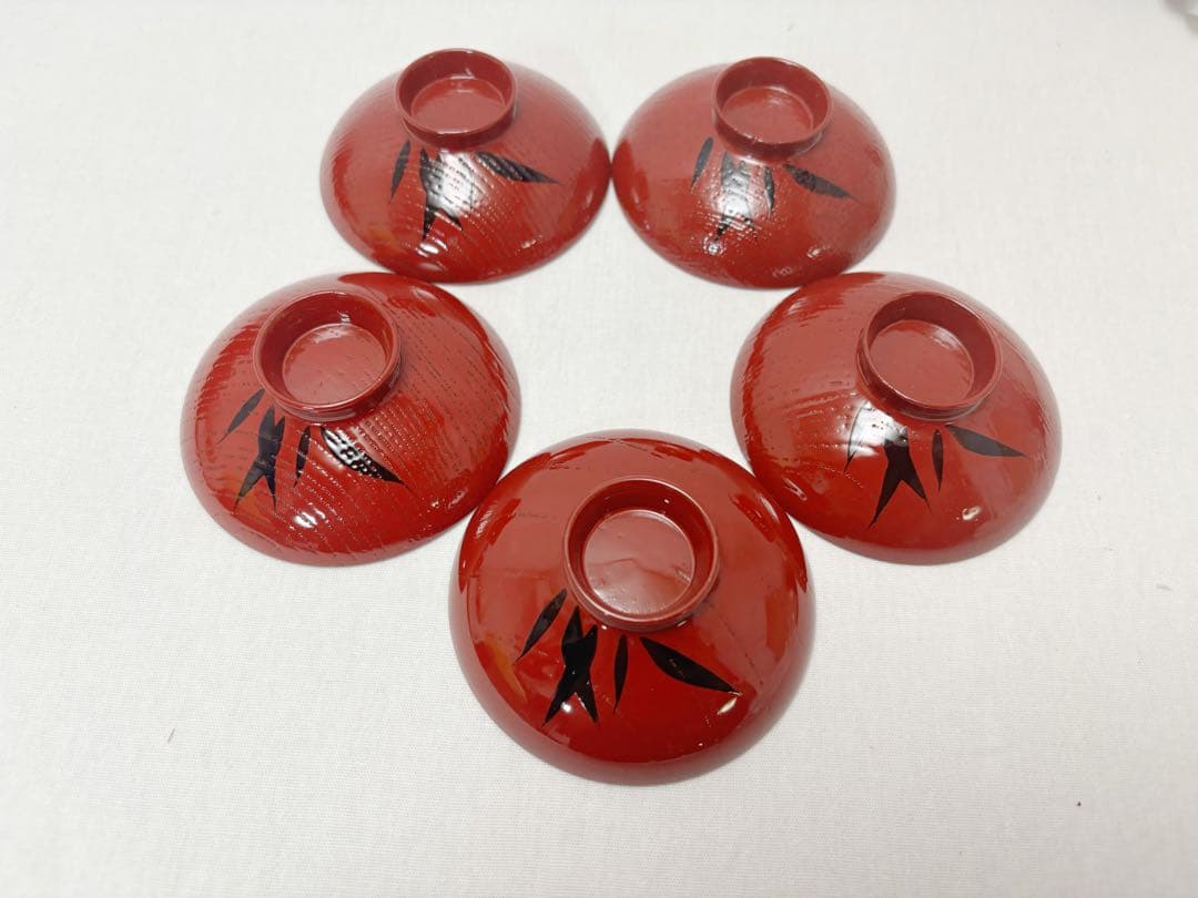 ほぼ未使用 懐石道具 塗師岡本陽斎作木製朱塗竹蒔絵 箸洗小吸物椀 5客竹形 共箱