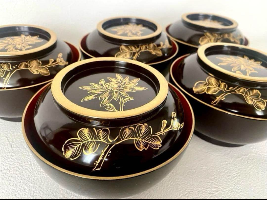 輪島塗 時代漆器 菓子椀 沈金 天然木 外黒内朱 金縁 蓋付 お椀 5客