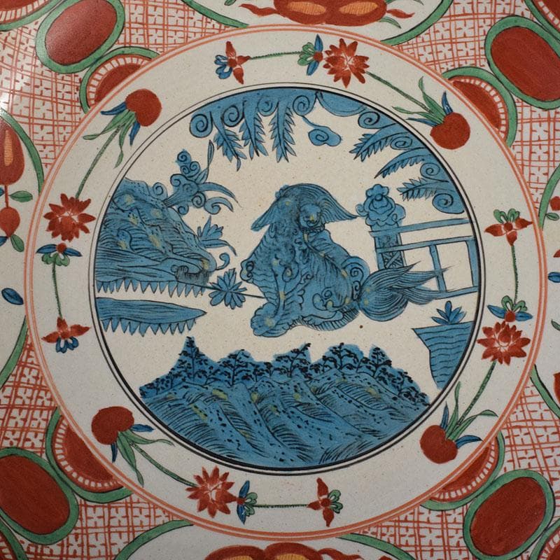 中国　呉州赤絵　獅子花文　大皿　飾り皿　直径約41㎝　V　7348C