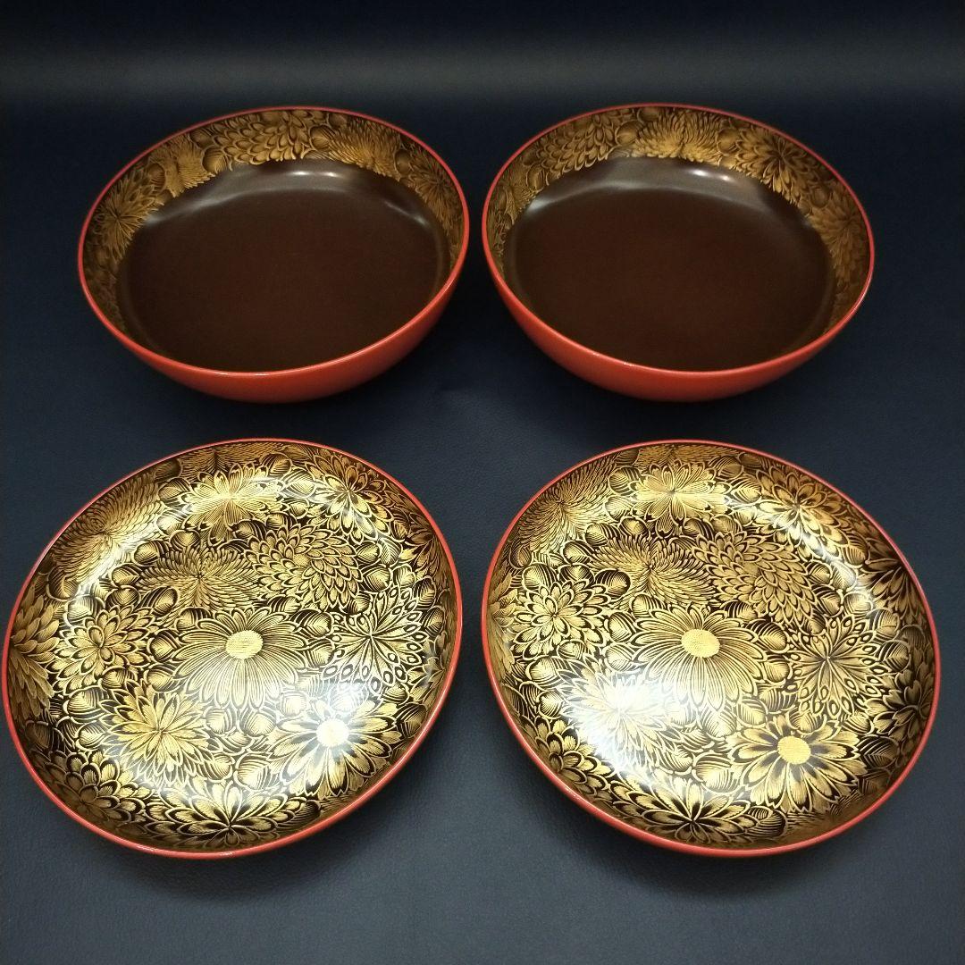 朱漆塗 見返し 総沈金 菊花紋詰 蓋付き 菓子椀 吸物椀 懐石椀 3客
