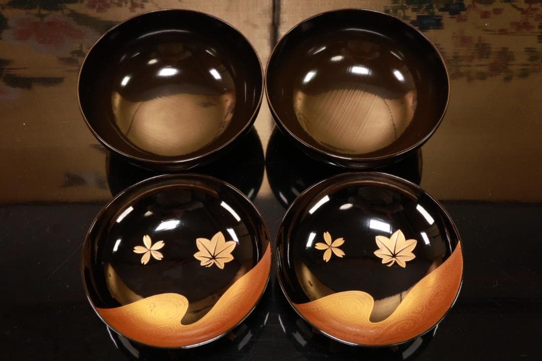 BJ111　時代輪島塗　流水紅葉桜図蒔絵　吸物椀　二客　木製　茶道具 懐石 会席