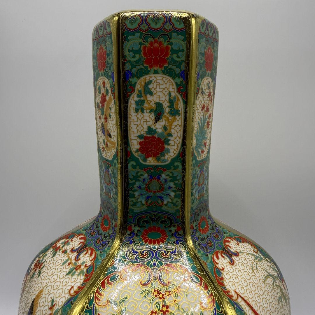 R106 彩色蒔金緑釉花鳥五稜梅瓶 花瓶（かびん）陶磁器 アンティーク