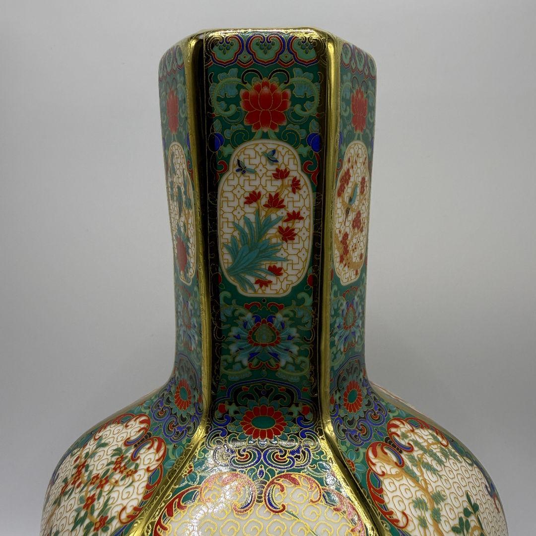 R106 彩色蒔金緑釉花鳥五稜梅瓶 花瓶（かびん）陶磁器 アンティーク