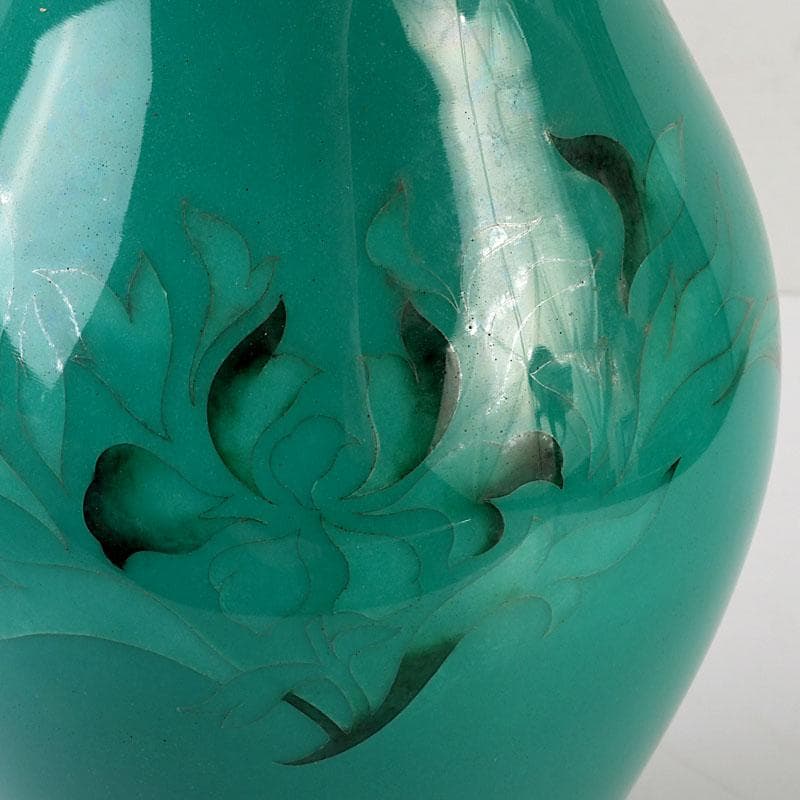 七宝焼　透翡翠釉　花文　花瓶　時代箱　V　9632D