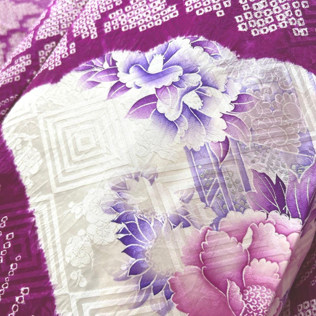 338 振袖フルセット 正絹 薄紫 パープル 絞り 銀彩 暈し染め やまと扱い