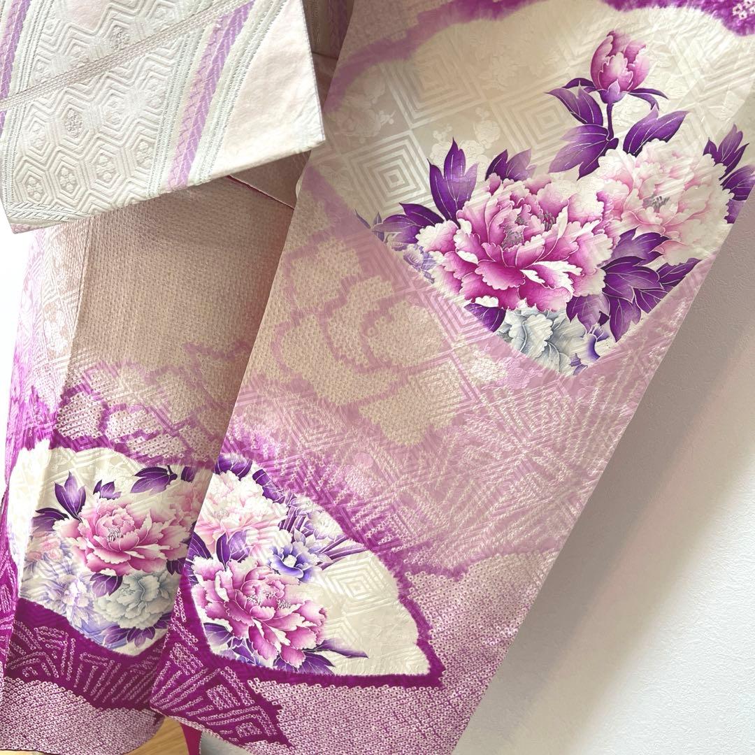 338 振袖フルセット 正絹 薄紫 パープル 絞り 銀彩 暈し染め やまと扱い