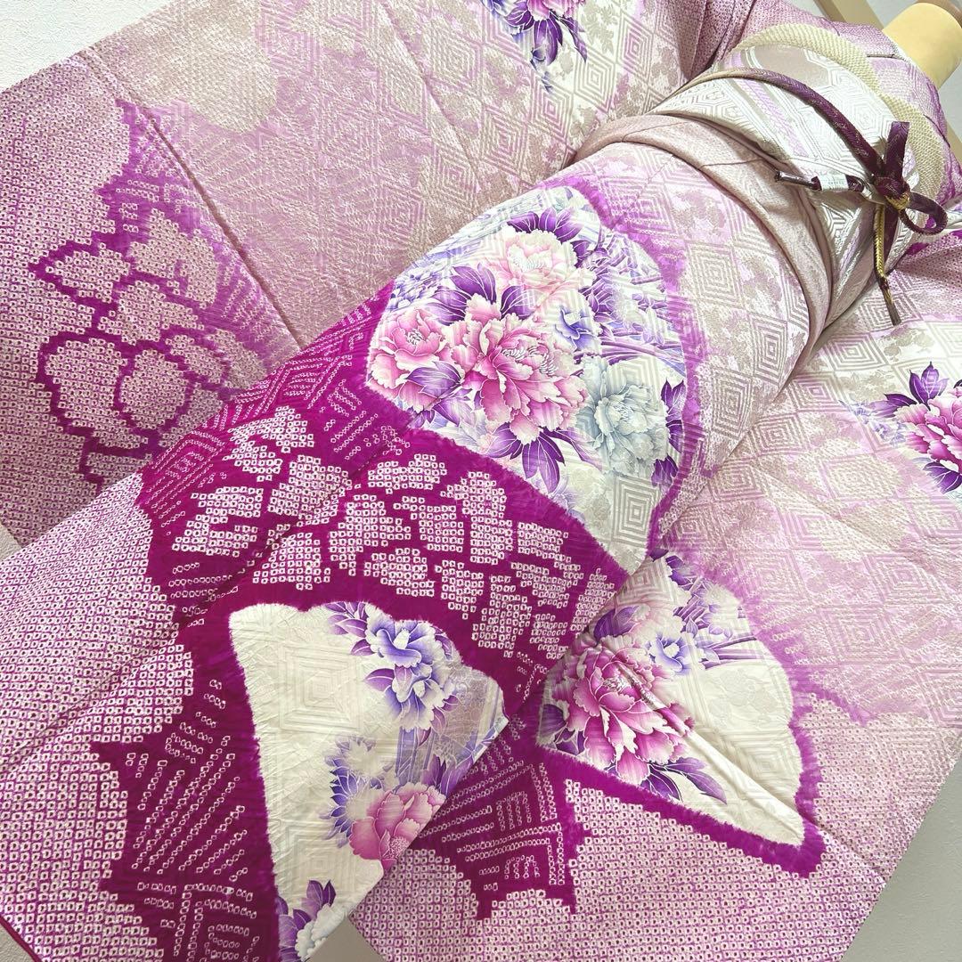 338 振袖フルセット 正絹 薄紫 パープル 絞り 銀彩 暈し染め やまと扱い