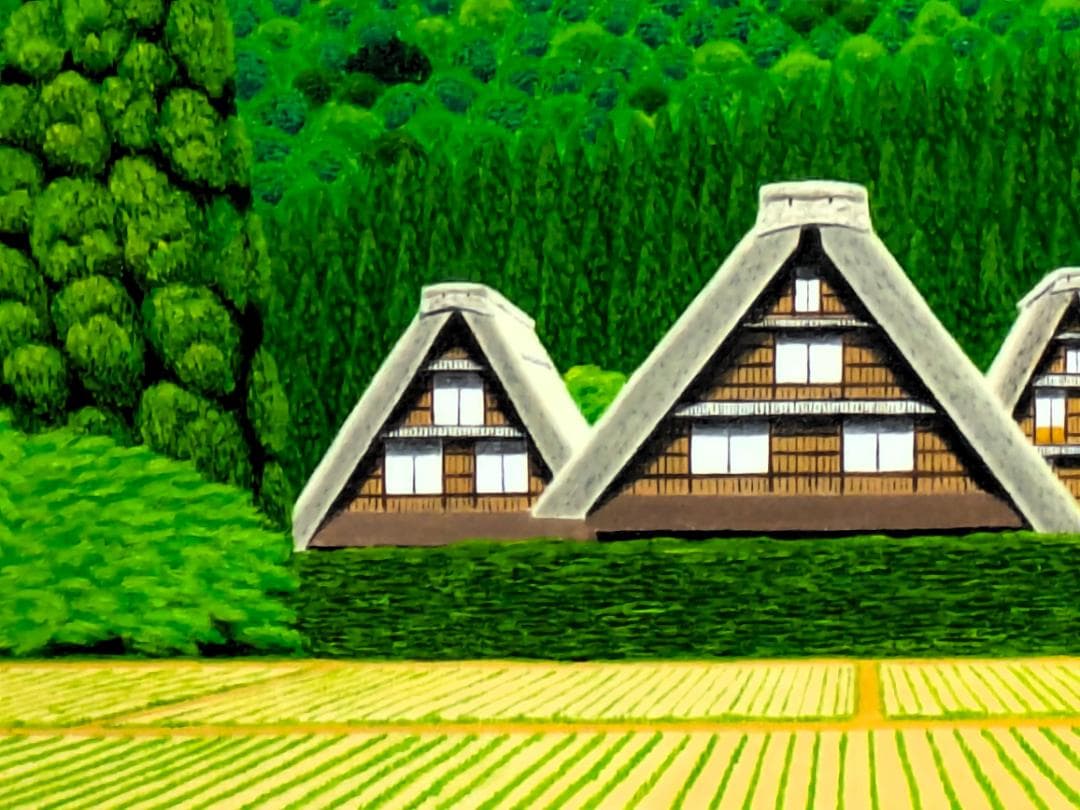 ★春の白川郷・肉筆油彩画・F6キャンバス