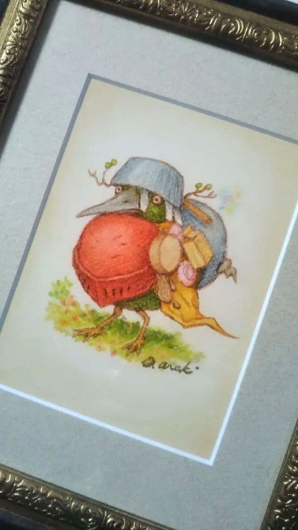 【原画】『冒険の旅へ』（鳥の絵　ガラクタ　アンティーク　森林　パステル画）