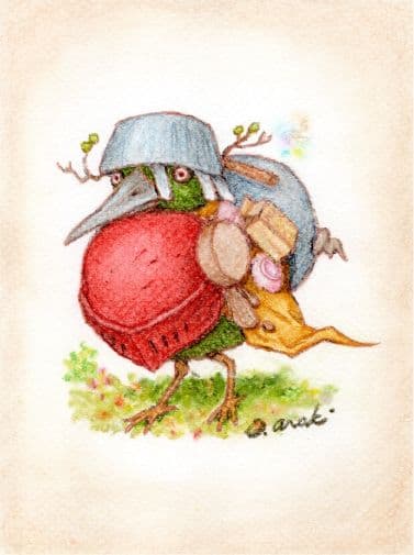【原画】『冒険の旅へ』（鳥の絵　ガラクタ　アンティーク　森林　パステル画）