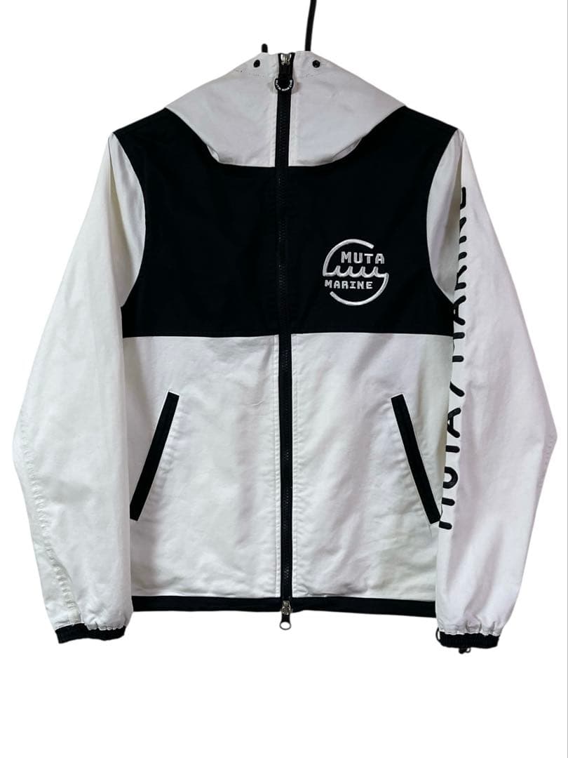 muta MARINE フーデッドパーカー ジャケット 刺繍ロゴ 白×黒 0