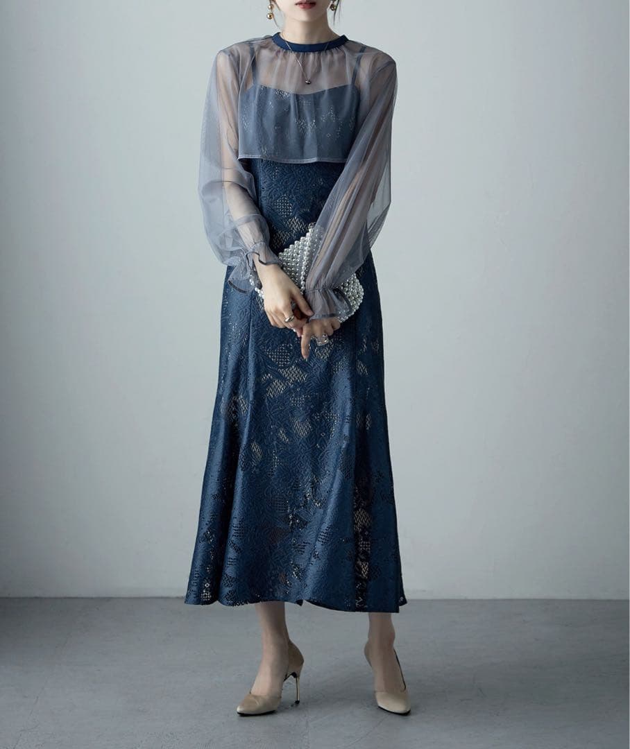 【美品】3wayシフォンボレロ&レースキャミドレス Sサイズ　グレイッシュブルー