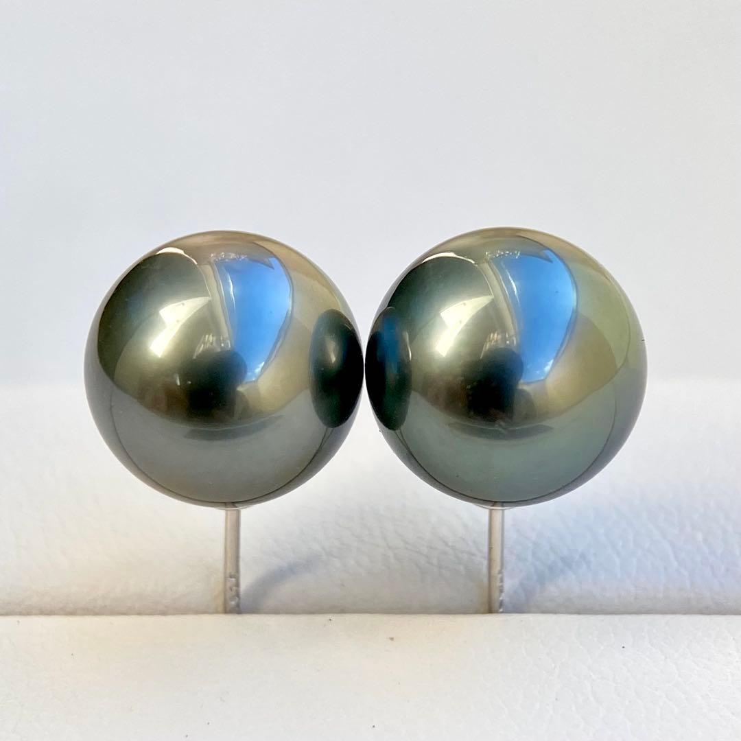 本真珠南洋黒蝶真珠グリーン11.45㍉大玉s925直結ピアスBL934