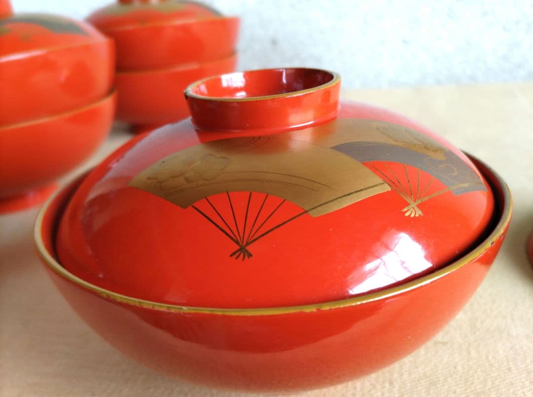 扇子金蒔絵朱塗　吸物椀　10客
