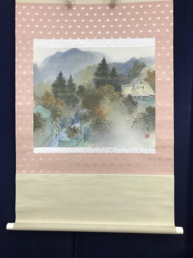 【真作】郡賜泉/秋景山水図/山水図/山村図/横物/掛軸/名家伝来/AC-98