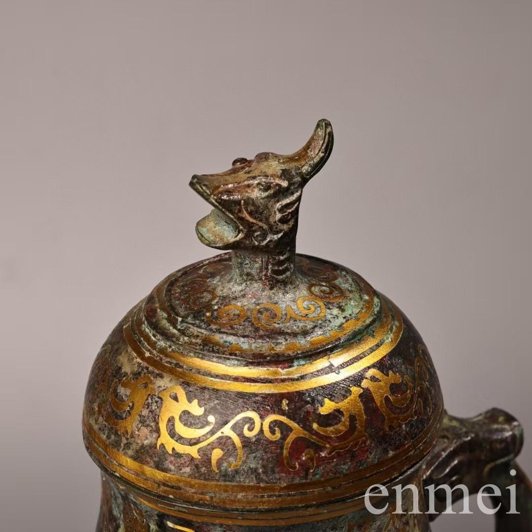 中国古美術・旧蔵搓金装飾付き銘文入り青銅酒壺・青銅・純手作り・高浮彫・置物・酒器