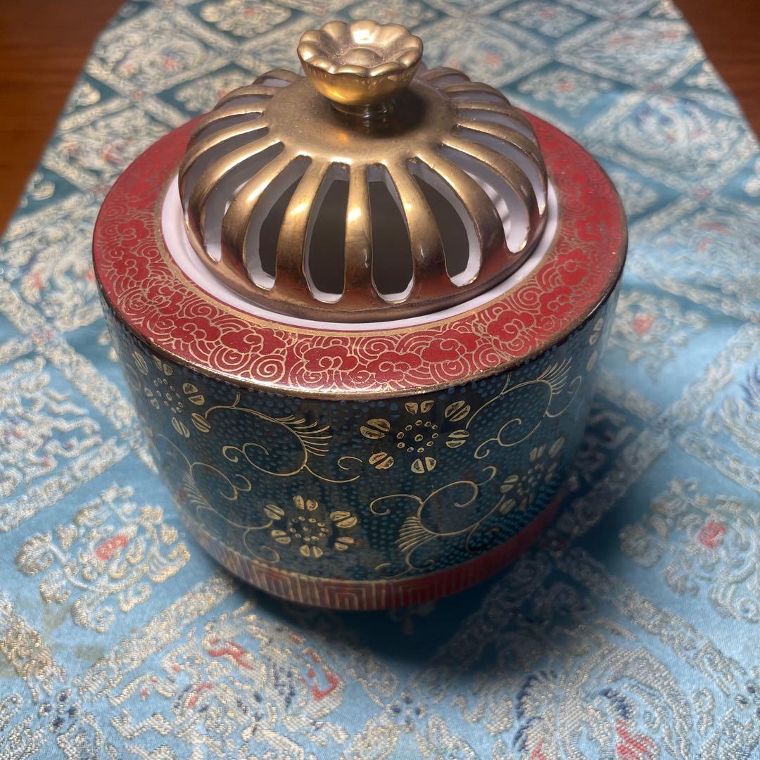 名作　九谷焼　菊仙造　床間揃　青花柄漆器香合他