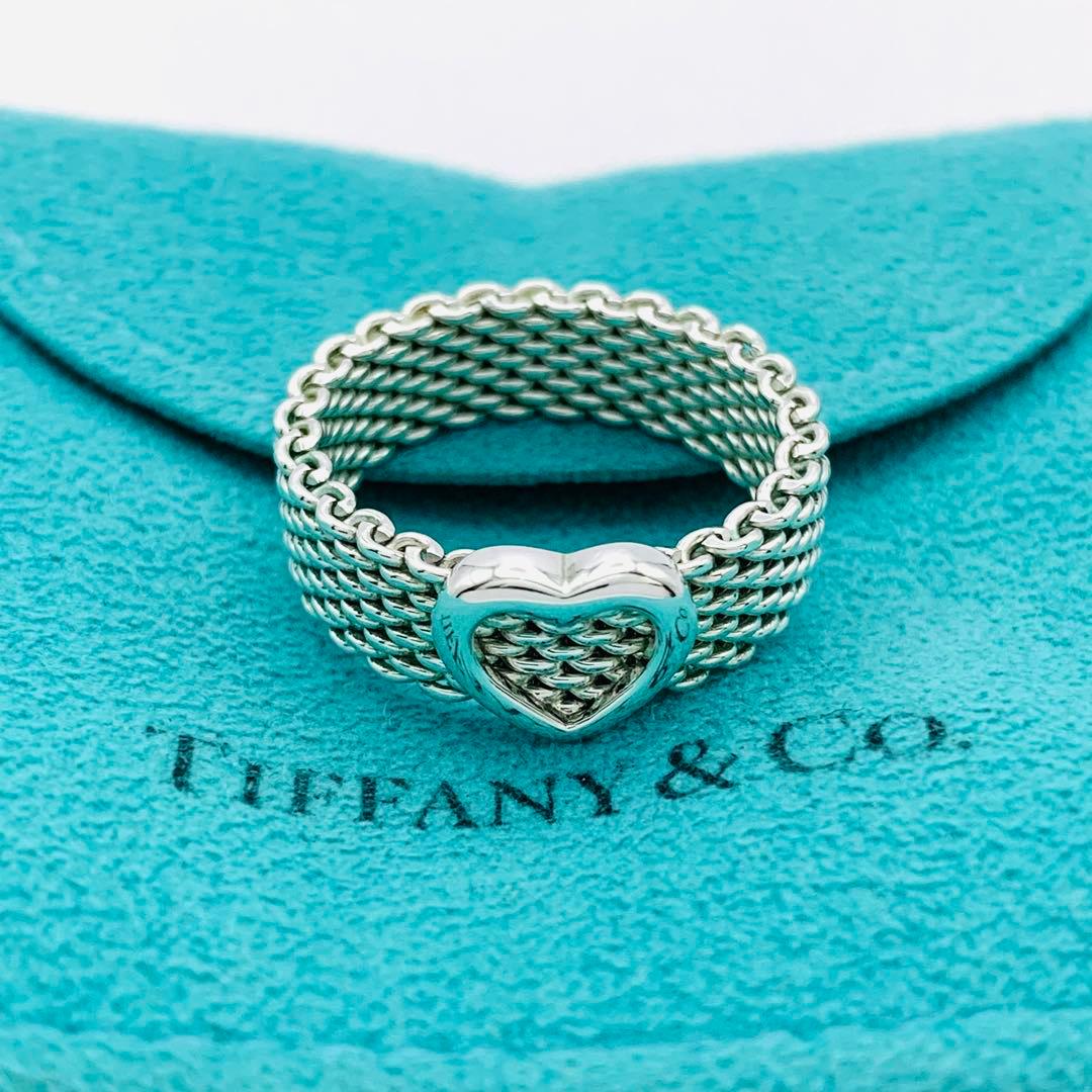 極美品 オールドティファニー サマセット ハート メッシュ リング 14号