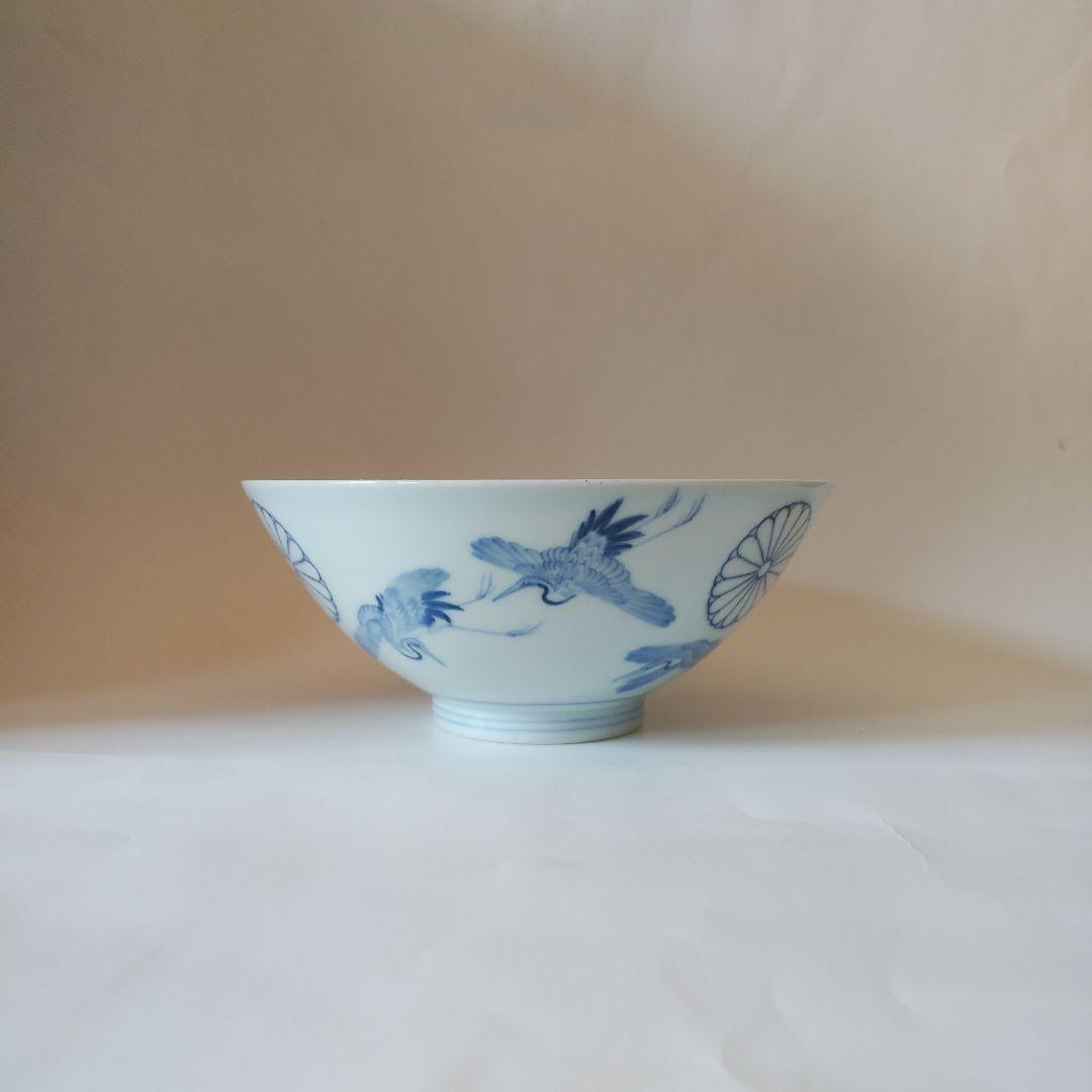 希少品 古伊万里 染付 十六弁菊花群鶴文碗 伊万里焼 天皇家 禁裏御用品