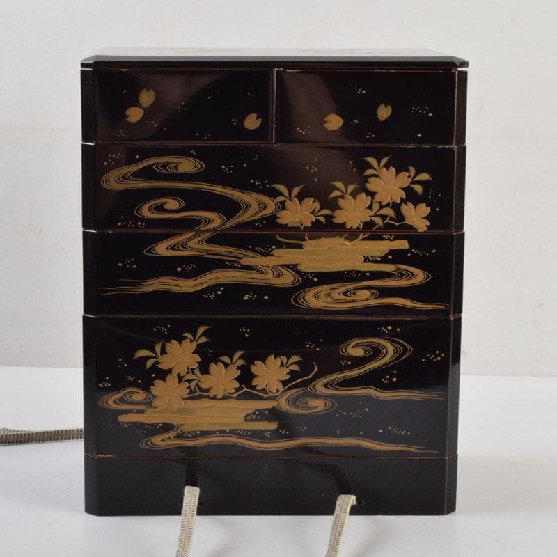 茶道具　黒漆　花草蒔絵　五段重箱　共箱　C　9121
