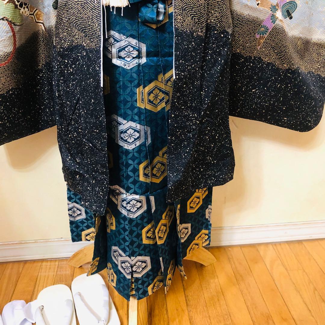 七五三 五歳‼️正絹豪華絢爛黒地金箔ラメキラキラ鷹巻物金彩‼️完全フルセット 揃える