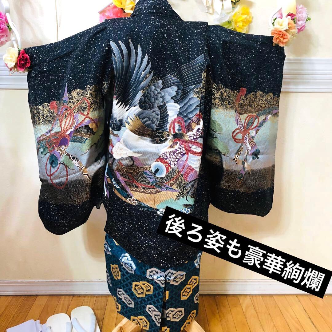 七五三 五歳‼️正絹豪華絢爛黒地金箔ラメキラキラ鷹巻物金彩‼️完全フルセット 揃える