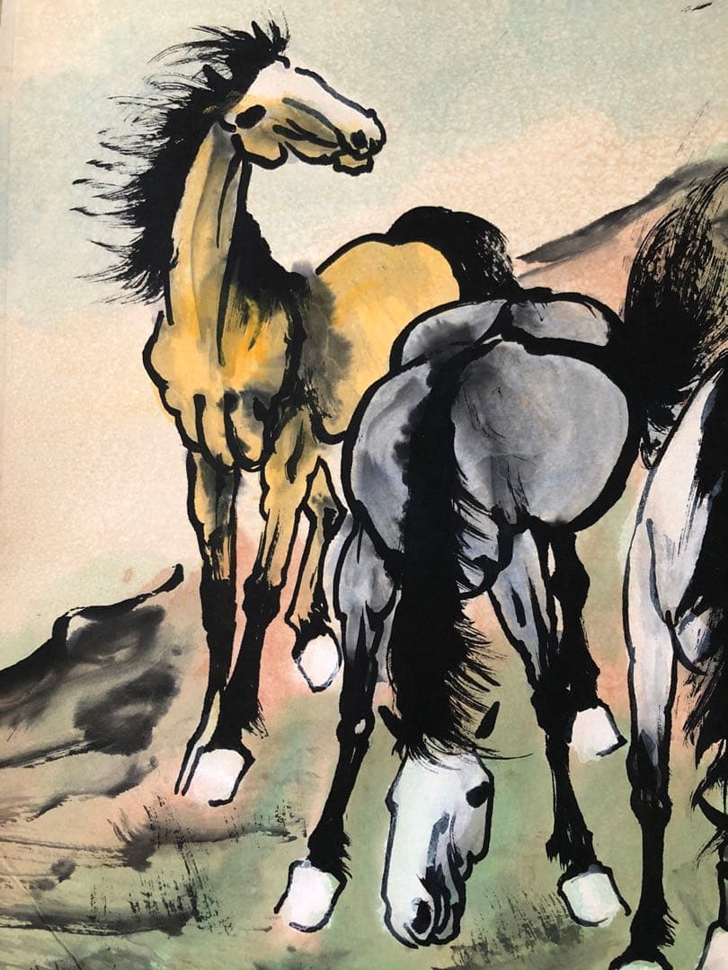 徐悲鸿 馬図 掛け軸 四尺 手描き 中国美術 絵画 書画 馬 人物画 インテリア