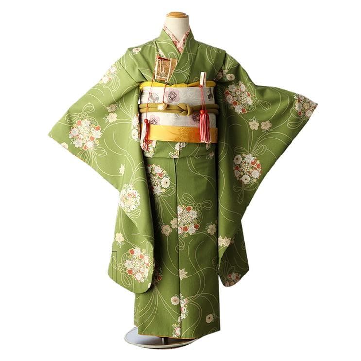 夢工房 7歳 女の子 着物 七五三　四つ身　花柄　抹茶色　古典