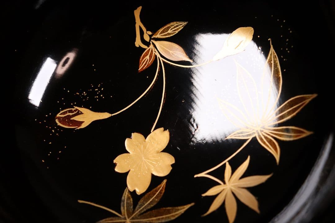 時代木製漆器 桜紅葉 黒蒔絵椀 五客 金蒔絵 梨地 漆芸【CL61】