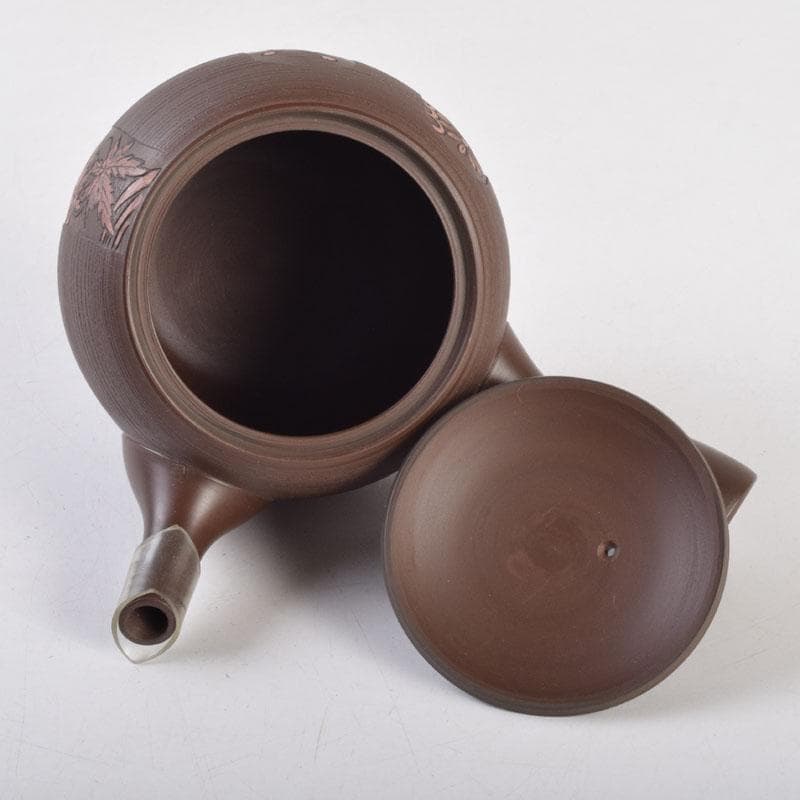 煎茶道具　常滑焼　光松作　朱泥　花草刻　横手急須　V　8655