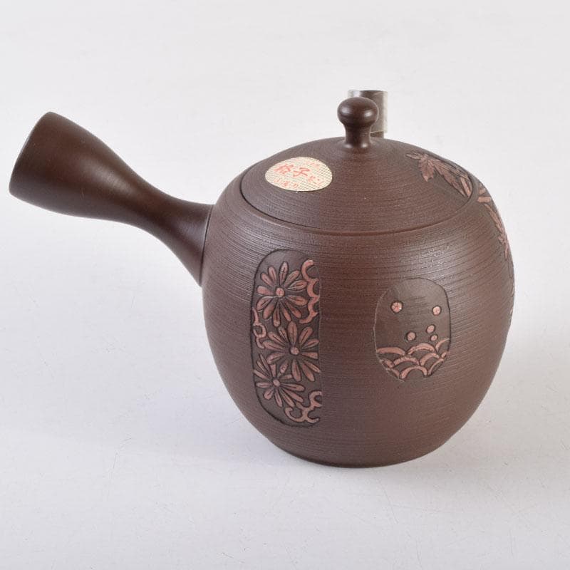 煎茶道具　常滑焼　光松作　朱泥　花草刻　横手急須　V　8655