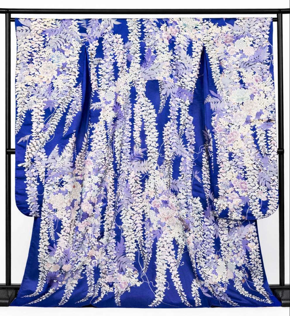 藤柄 銀彩 駒刺繍 振袖 正絹 紺青 身丈156 裄63 袖丈109