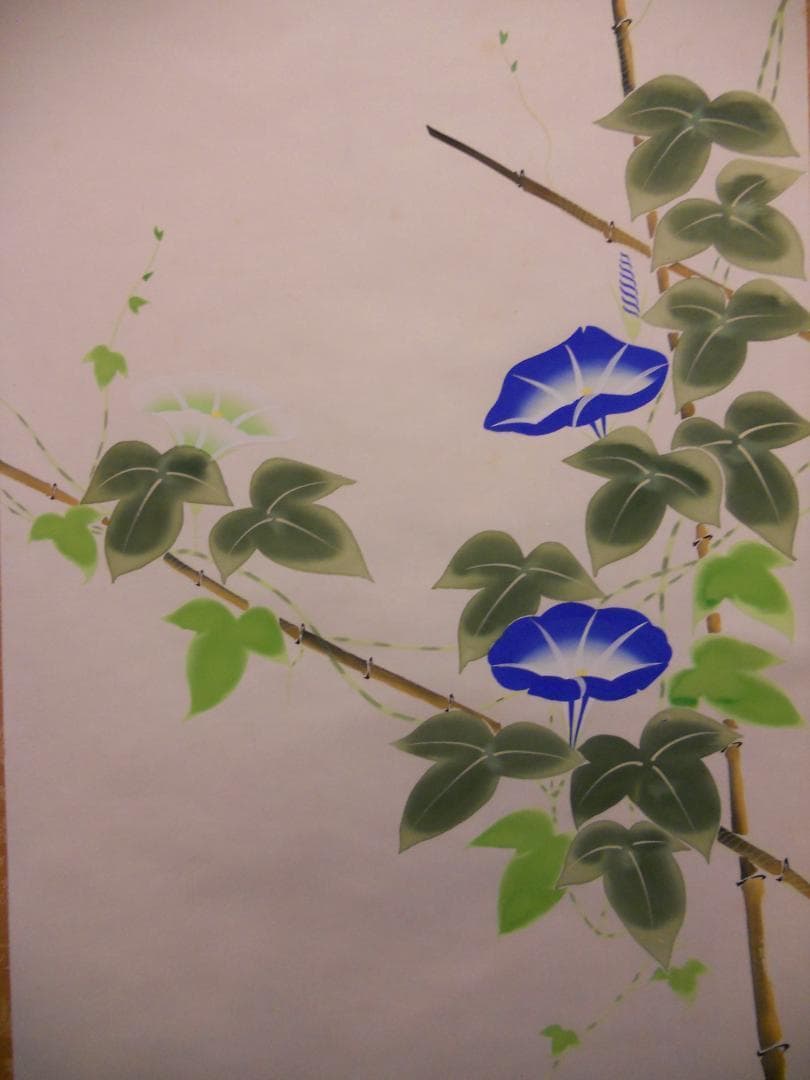 掛け軸 都路五葉 朝顔に小禽 絹本 希少 軸装 茶道具 掛軸 美品 です。