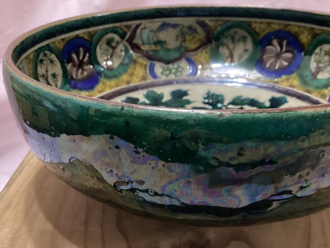 古九谷青手唐絵見付鉢　江戸時代　緑角福　獅子に牡丹紋　再興九谷　骨董　美品希少品