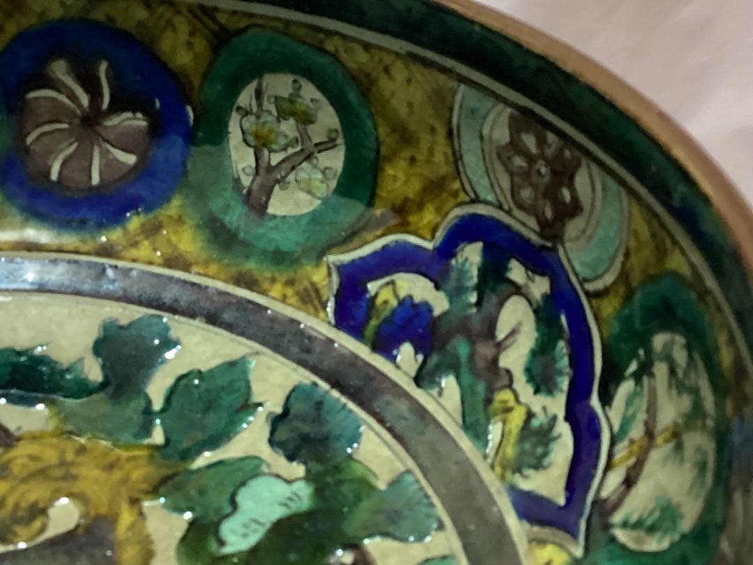 古九谷青手唐絵見付鉢　江戸時代　緑角福　獅子に牡丹紋　再興九谷　骨董　美品希少品