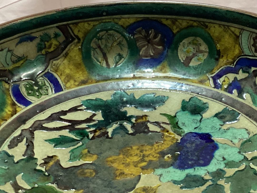 古九谷青手唐絵見付鉢　江戸時代　緑角福　獅子に牡丹紋　再興九谷　骨董　美品希少品