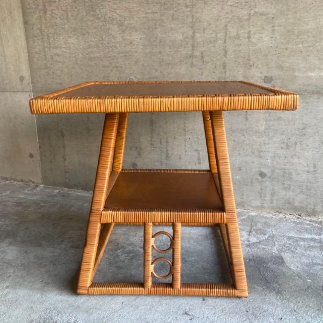 籐 ラタン 木製 コーヒーテーブル カフェ 机 スクエア レトロ ビンテージ