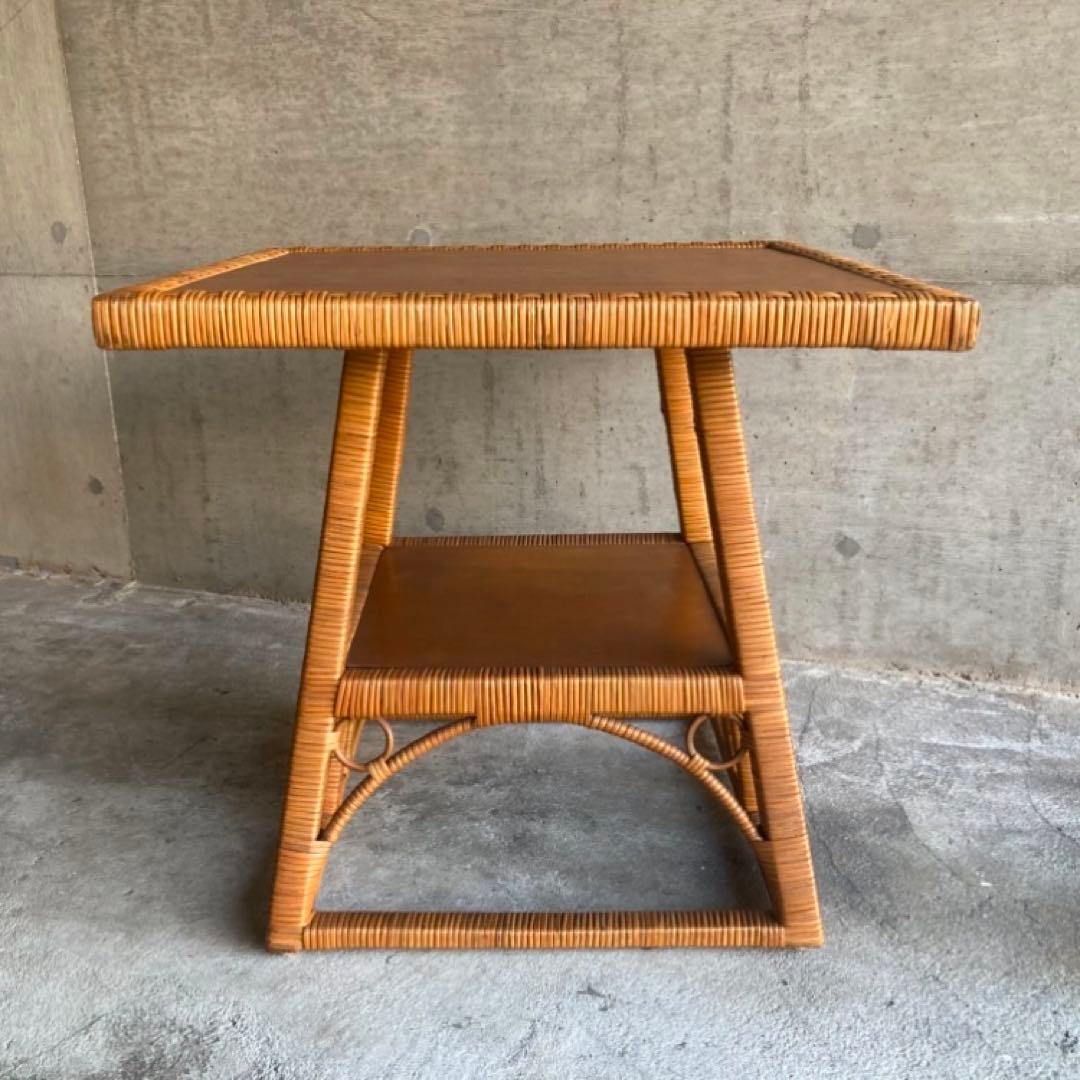 籐 ラタン 木製 コーヒーテーブル カフェ 机 スクエア レトロ ビンテージ