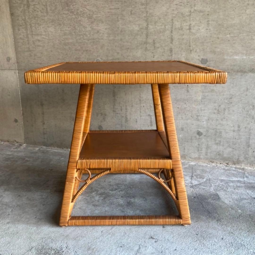籐 ラタン 木製 コーヒーテーブル カフェ 机 スクエア レトロ ビンテージ