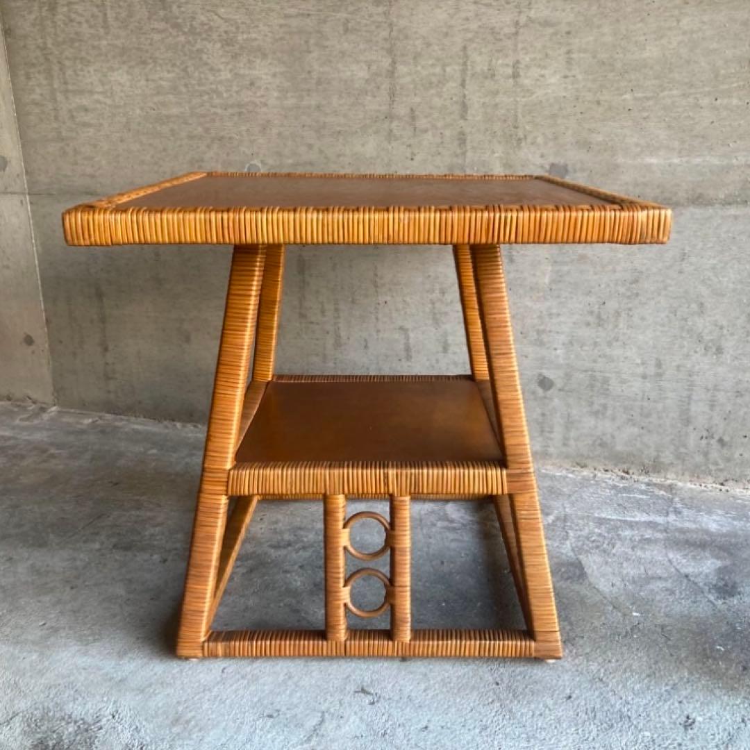 籐 ラタン 木製 コーヒーテーブル カフェ 机 スクエア レトロ ビンテージ