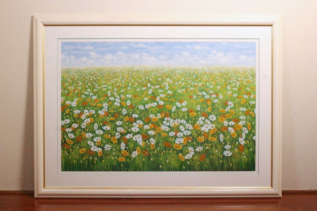 No5055 額装　金謙伊　コスモス　油彩　大作　直筆サイン　風景画　送料無料