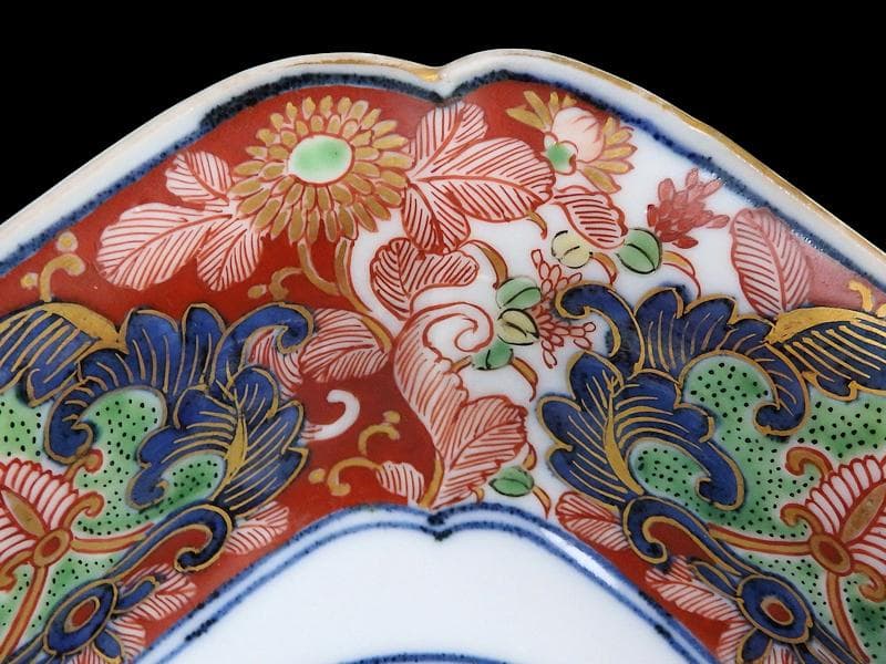 大聖寺伊万里　金襴手　窓絵　牡丹に菊　獅子の図　四方角向付　B347AS-CWq