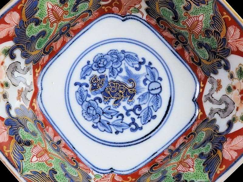 大聖寺伊万里　金襴手　窓絵　牡丹に菊　獅子の図　四方角向付　B347AS-CWq